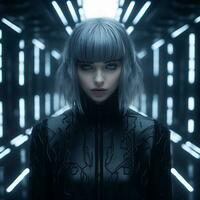 uma mulher com azul cabelo dentro uma futurista configuração generativo ai foto