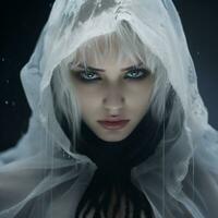 uma mulher com branco cabelo e azul olhos dentro a chuva generativo ai foto