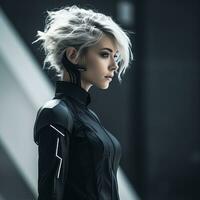 uma mulher com branco cabelo dentro uma Preto equipamento generativo ai foto