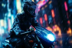 uma pessoa equitação uma motocicleta dentro a chuva generativo ai foto