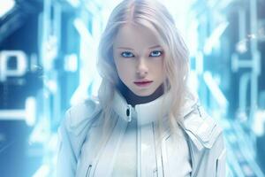 uma mulher dentro uma futurista terno com azul olhos generativo ai foto