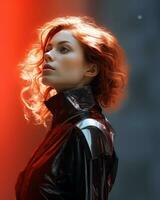 uma mulher com vermelho cabelo dentro uma Preto couro equipamento generativo ai foto