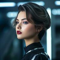 retrato do uma lindo jovem mulher dentro uma futurista espaço terno generativo ai foto