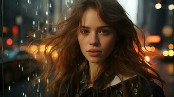 uma menina com grandes cabelo em pé dentro frente do uma cidade às noite foto