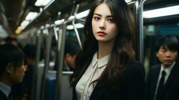 uma mulher dentro uma o negócio terno em uma metrô trem generativo ai foto
