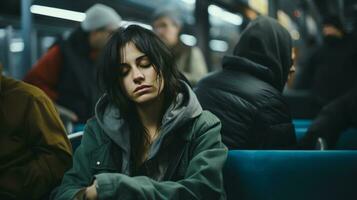 uma mulher sentado em uma ônibus com dela olhos fechadas generativo ai foto