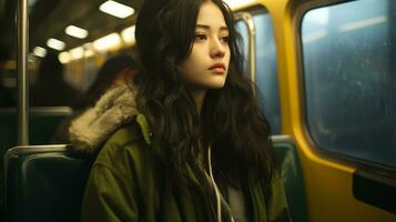 uma mulher com grandes Preto cabelo sentado em uma trem generativo ai foto