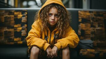 uma jovem menina dentro uma amarelo moletom com capuz sentado em uma Banco generativo ai foto