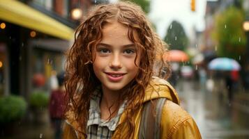 uma jovem menina com encaracolado cabelo em pé dentro a chuva generativo ai foto