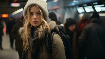 uma jovem mulher dentro uma inverno chapéu e casaco em pé dentro uma metrô estação generativo ai foto