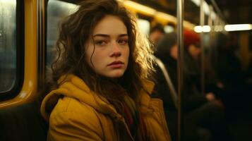 uma jovem mulher dentro uma amarelo Jaqueta sentado em uma trem generativo ai foto