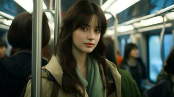 uma jovem mulher é em uma metrô trem generativo ai foto