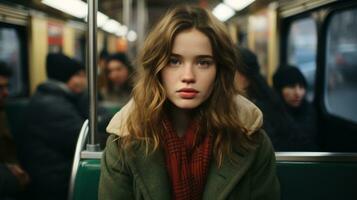 uma jovem mulher é sentado em uma metrô trem generativo ai foto