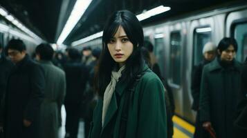 a ásia mulher dentro uma verde casaco em pé dentro uma metrô generativo ai foto