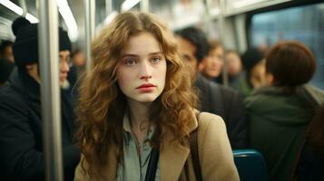 uma jovem mulher com vermelho cabelo em uma metrô generativo ai foto