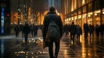uma homem caminhando baixa uma cidade rua às noite generativo ai foto