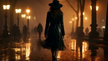 uma mulher dentro uma Preto vestir e chapéu caminhando baixa uma rua às noite generativo ai foto