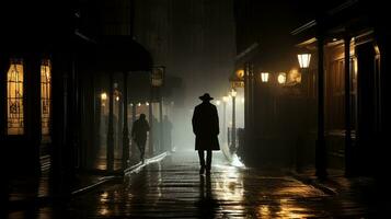 silhueta do uma homem caminhando baixa uma Sombrio rua às noite generativo ai foto