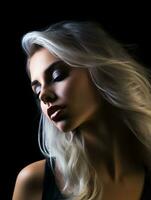 uma lindo Loiras mulher com grandes branco cabelo em uma Preto fundo generativo ai foto