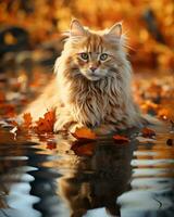 uma grandes cabelos gato sentado dentro a água cercado de outono folhas generativo ai foto