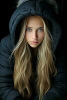 uma lindo jovem mulher com grandes cabelo dentro uma inverno Jaqueta generativo ai foto