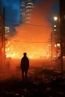 uma homem é em pé dentro a meio do uma cidade rua às noite generativo ai foto