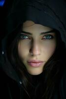 uma mulher dentro uma Preto moletom com capuz com azul olhos generativo ai foto