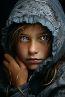 uma jovem menina dentro uma moletom com capuz com azul olhos generativo ai foto