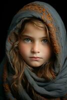 uma jovem menina vestindo uma cachecol e olhando para dentro a Câmera generativo ai foto