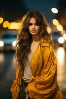 lindo mulher dentro amarelo casaco em pé dentro a rua às noite generativo ai foto