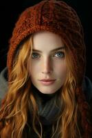 retrato do lindo vermelho cabelos menina com azul olhos generativo ai foto