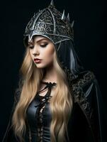 uma lindo Loiras mulher dentro uma medieval traje generativo ai foto