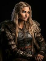 uma lindo Loiras mulher dentro uma viking traje generativo ai foto