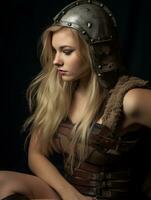 uma lindo Loiras mulher vestindo uma capacete e armaduras generativo ai foto