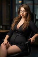 uma lindo mulher dentro óculos sentado dentro a escritório cadeira generativo ai foto