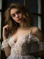 uma lindo jovem mulher dentro uma branco vestir posando de uma janela generativo ai foto