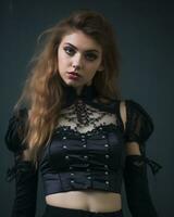 uma lindo jovem mulher dentro Preto gótico roupas generativo ai foto
