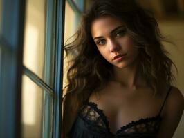 uma lindo jovem mulher dentro Preto lingerie olhando Fora a janela generativo ai foto