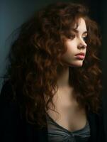 uma lindo jovem mulher com grandes encaracolado cabelo generativo ai foto