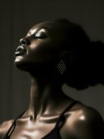 lindo africano mulher dentro Preto topo e brincos generativo ai foto