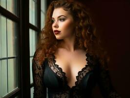 lindo ruiva mulher dentro Preto lingerie olhando Fora a janela generativo ai foto