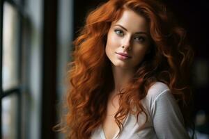 lindo ruiva mulher com grandes encaracolado cabelo foto