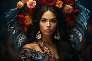 uma lindo mexicano mulher com flores em dela cabeça generativo ai foto