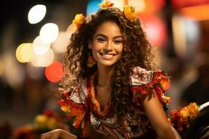 uma lindo mulher dentro uma mexicano traje sorrisos para a Câmera generativo ai foto