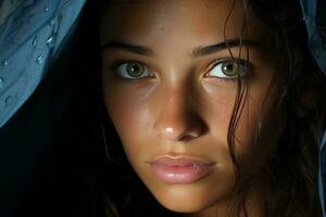 uma lindo jovem mulher com verde olhos foto