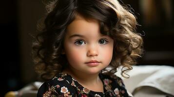 uma fechar acima do uma pequeno menina com encaracolado cabelo generativo ai foto
