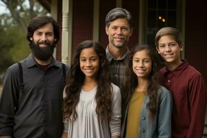 uma família poses para uma foto dentro frente do uma casa generativo ai