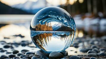 uma vidro bola sentado em a pedras de uma lago generativo ai foto