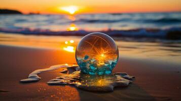 uma vidro bola em a de praia às pôr do sol generativo ai foto