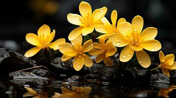 uma grupo do amarelo flores dentro uma poça do água generativo ai foto